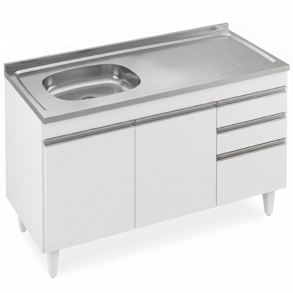 Balcão de Cozinha Com Pia Inox Deslocada 120cm Ávila Branco L03 - Mpozenato