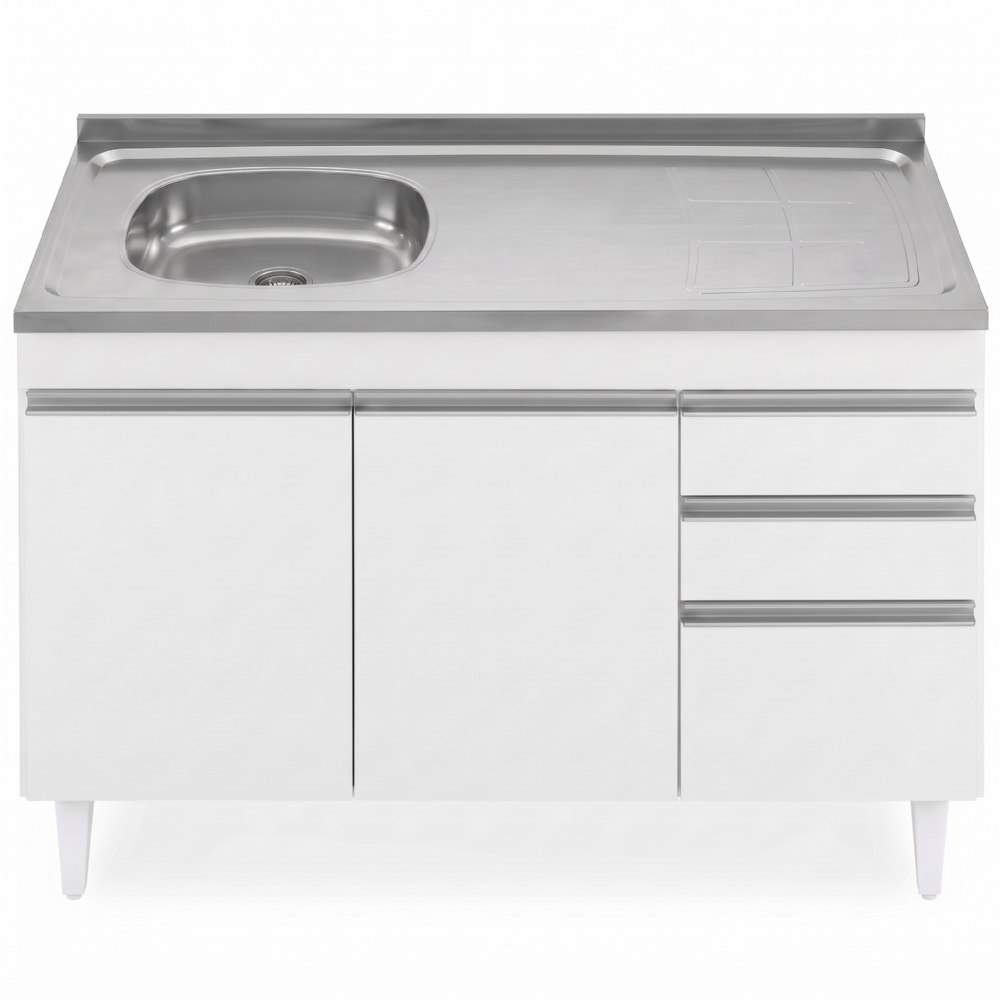 Balcão de Cozinha Com Pia Inox Deslocada 120cm Ávila Branco L03 - Mpozenato
