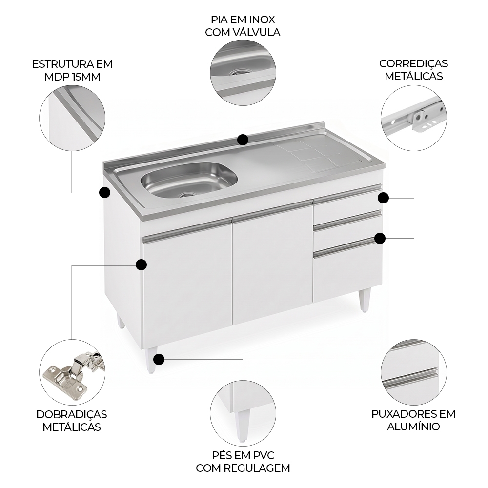 Balcão de Cozinha Com Pia Inox Deslocada 120cm Ávila Branco L03 - Mpozenato