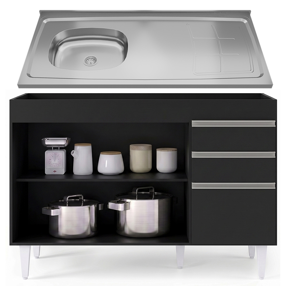 Balcão de Cozinha Com Pia Inox Deslocada 120cm Ávila Preto L03 - Mpozenato