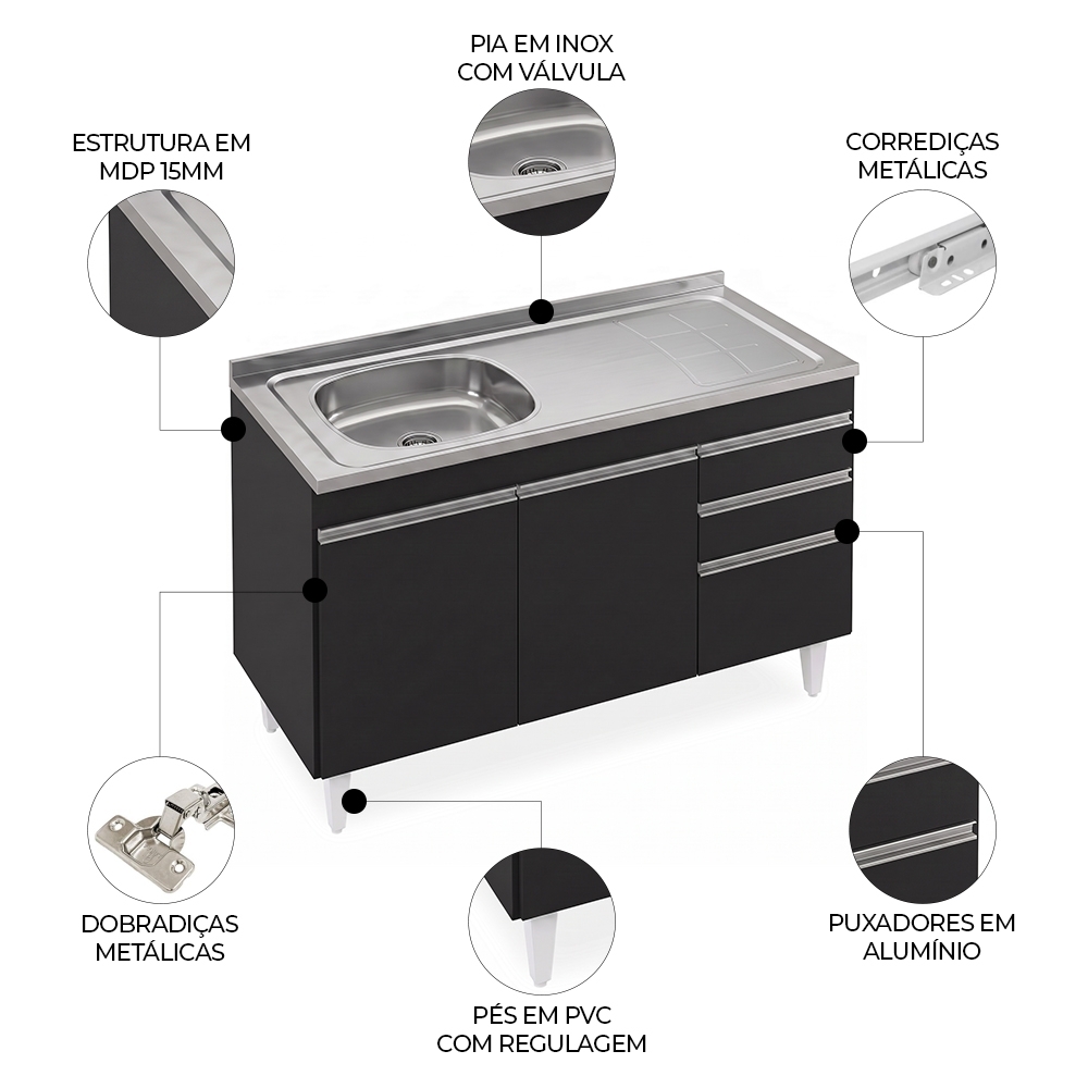 Balcão de Cozinha Com Pia Inox Deslocada 120cm Ávila Preto L03 - Mpozenato