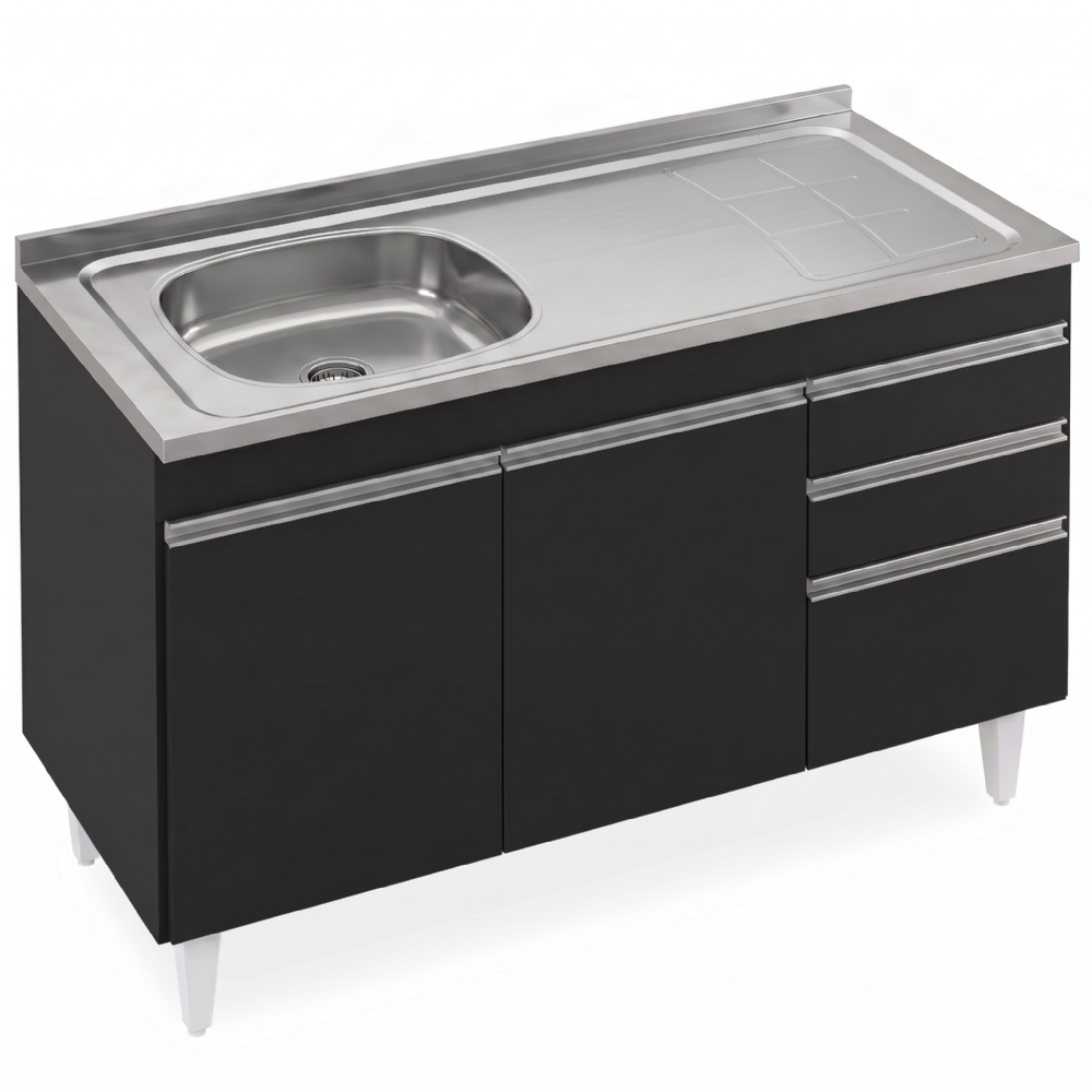 Balcão de Cozinha Com Pia Inox Deslocada 120cm Ávila Preto L03 - Mpozenato