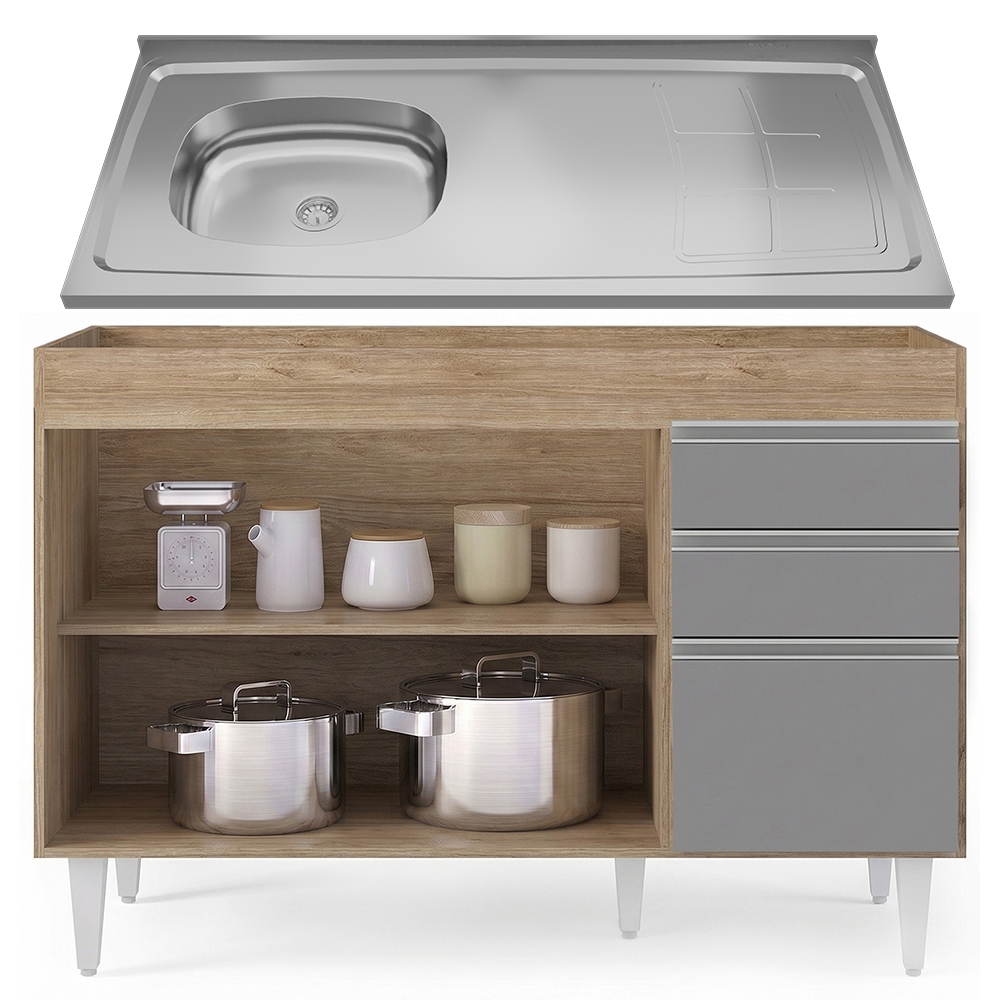 Balcão de Cozinha Com Pia Inox Deslocada 120cm Ávila Castanho/Cinza L03 - Mpozenato