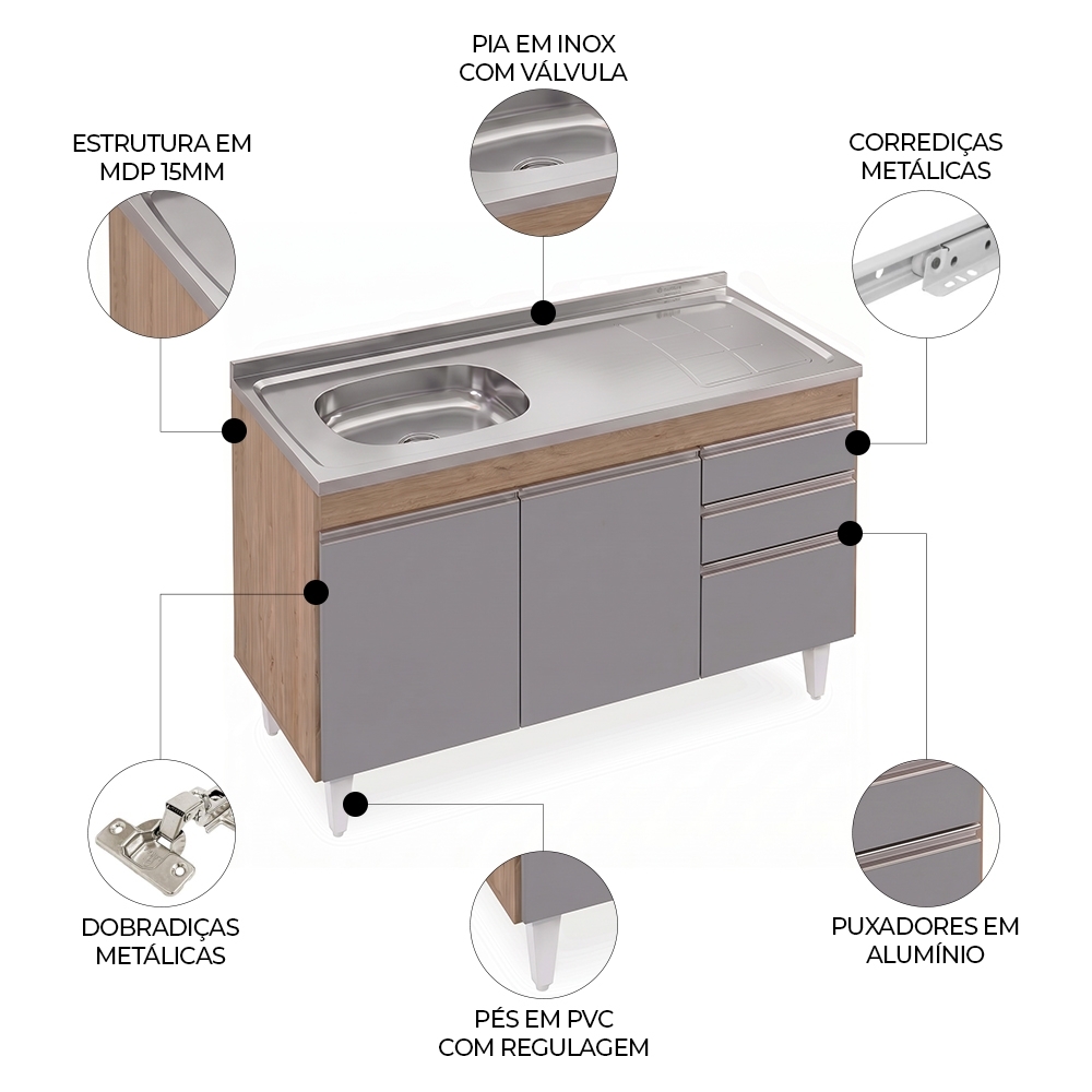 Balcão de Cozinha Com Pia Inox Deslocada 120cm Ávila Castanho/Cinza L03 - Mpozenato