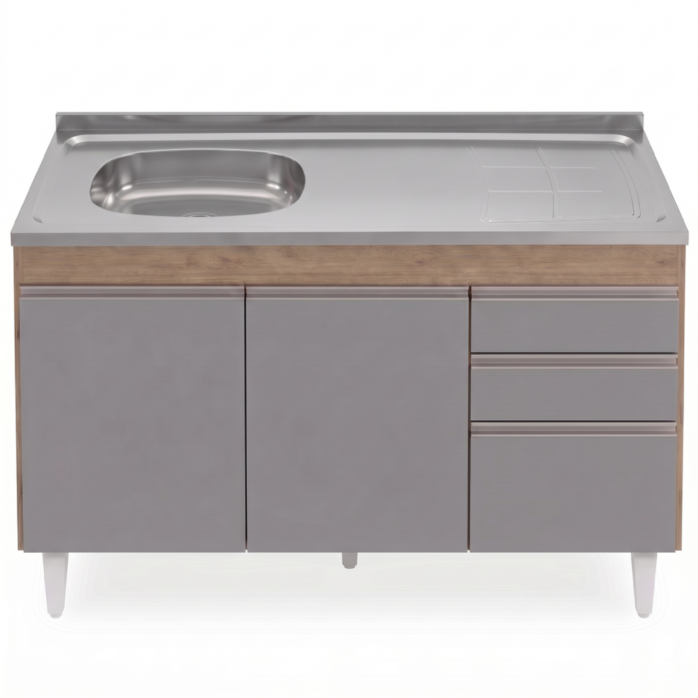 Balcão de Cozinha Com Pia Inox Deslocada 120cm Ávila Castanho/Cinza L03 - Mpozenato