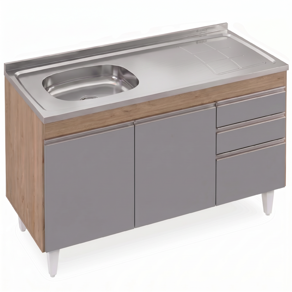 Balcão de Cozinha Com Pia Inox Deslocada 120cm Ávila Castanho/Cinza L03 - Mpozenato