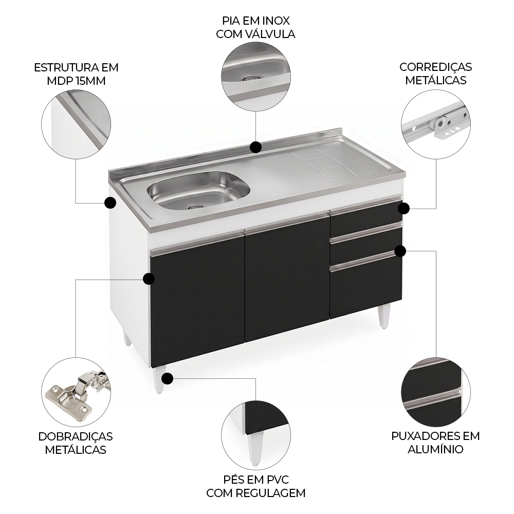 Balcão de Cozinha Com Pia Inox Deslocada 120cm Ávila Branco/Preto L03 - Mpozenato