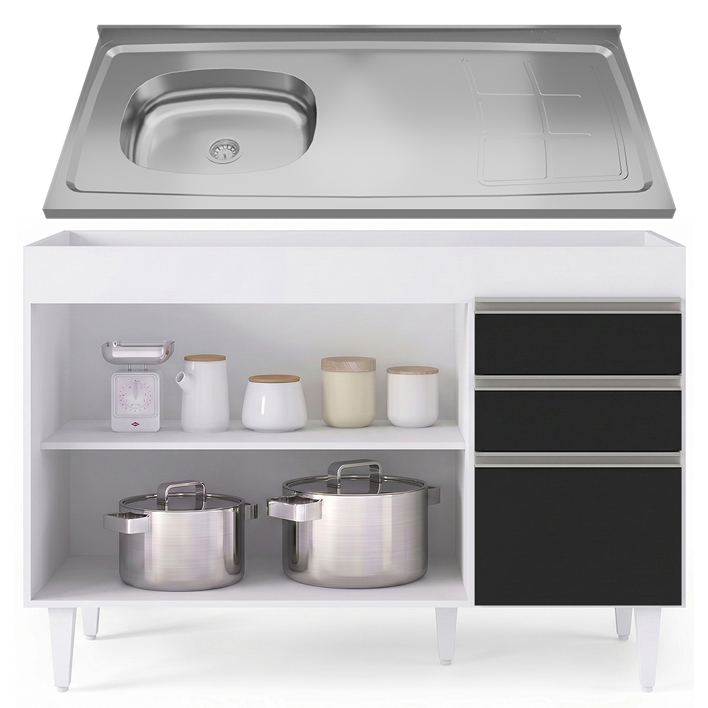 Balcão de Cozinha Com Pia Inox Deslocada 120cm Ávila Branco/Preto L03 - Mpozenato