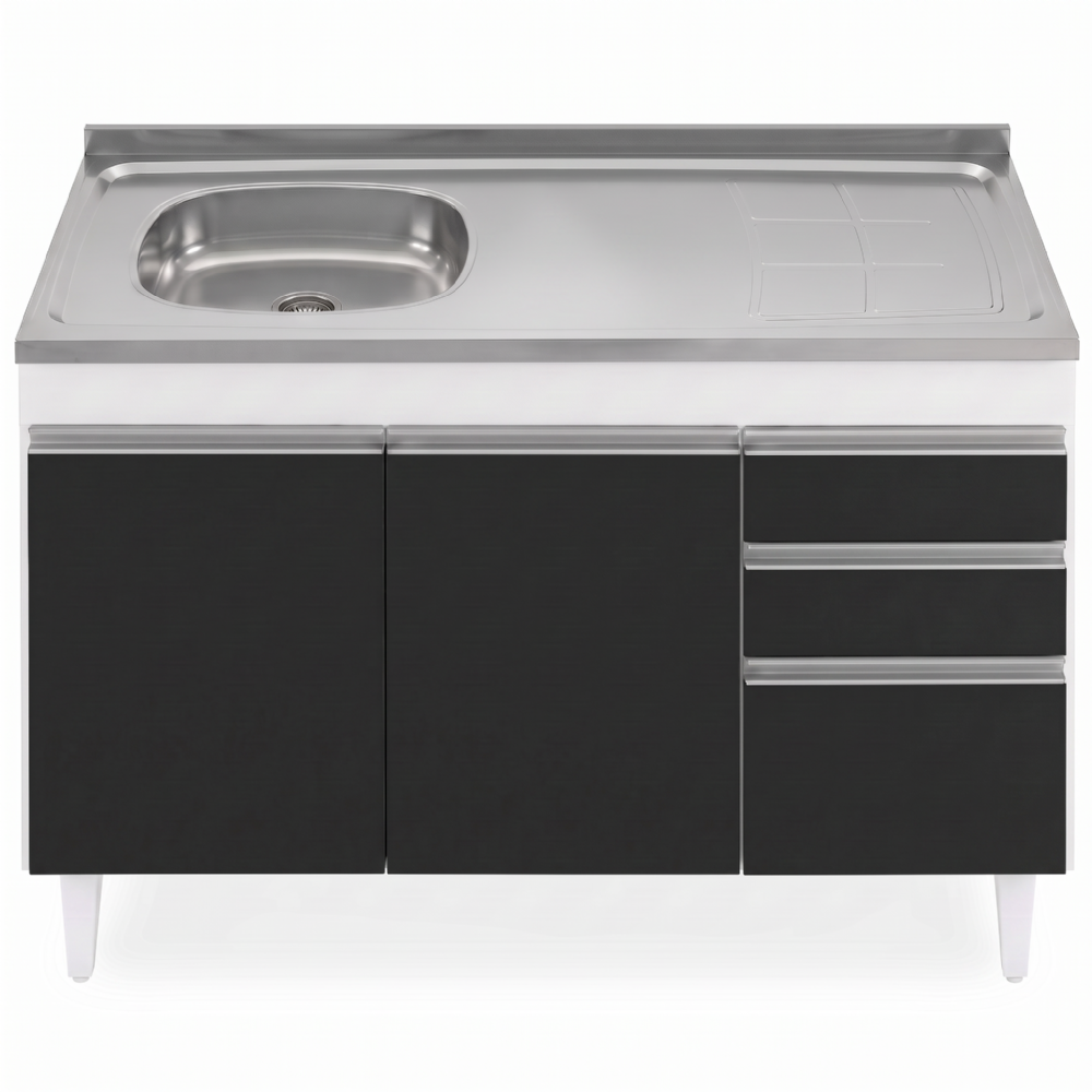 Balcão de Cozinha Com Pia Inox Deslocada 120cm Ávila Branco/Preto L03 - Mpozenato