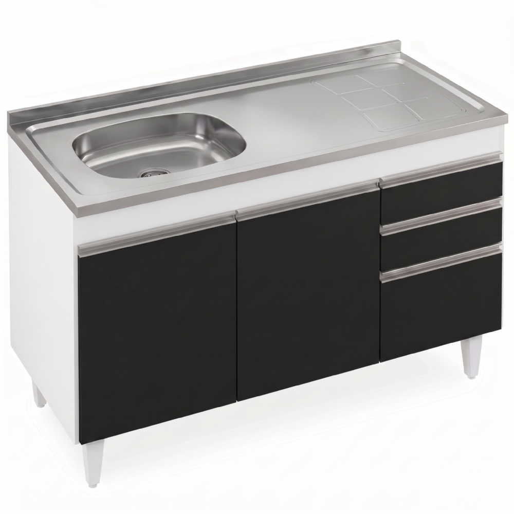 Balcão de Cozinha Com Pia Inox Deslocada 120cm Ávila Branco/Preto L03 - Mpozenato