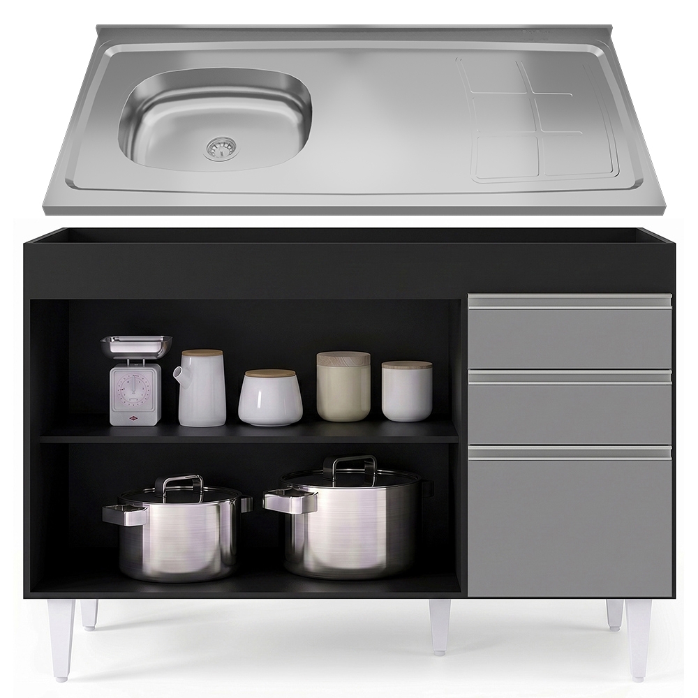 Balcão de Cozinha Com Pia Inox Deslocada 120cm Ávila Preto/Cinza L03 - Mpozenato