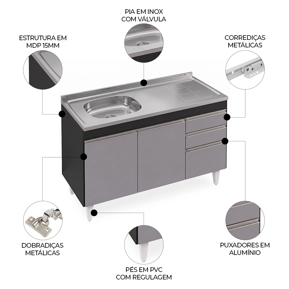 Balcão de Cozinha Com Pia Inox Deslocada 120cm Ávila Preto/Cinza L03 - Mpozenato