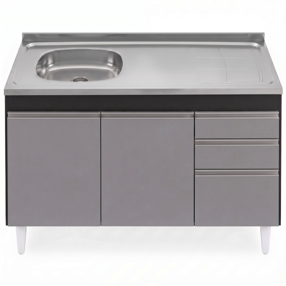 Balcão de Cozinha Com Pia Inox Deslocada 120cm Ávila Preto/Cinza L03 - Mpozenato