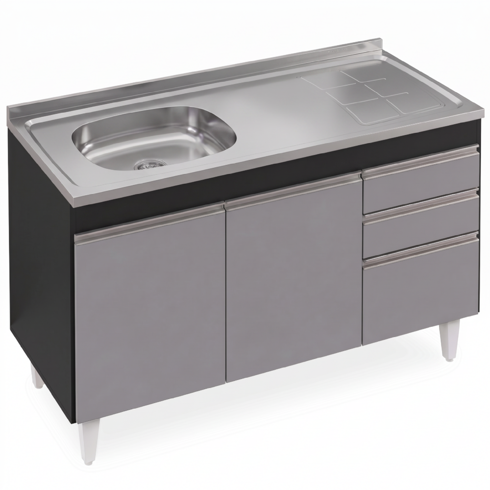 Balcão de Cozinha Com Pia Inox Deslocada 120cm Ávila Preto/Cinza L03 - Mpozenato