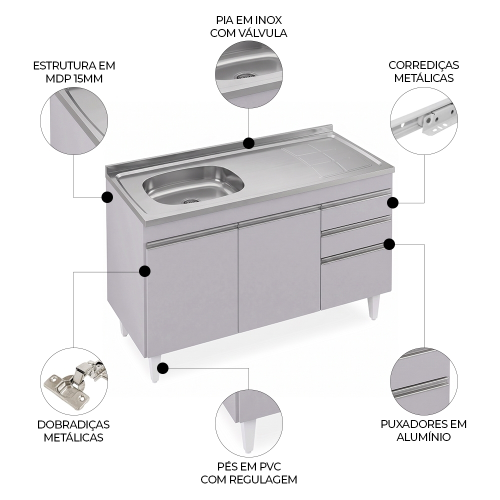 Balcão de Cozinha Com Pia Inox Deslocada 120cm Ávila Cinza Claro L03 - Mpozenato