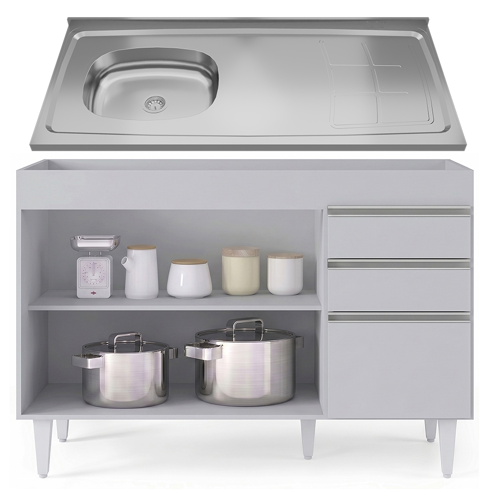 Balcão de Cozinha Com Pia Inox Deslocada 120cm Ávila Cinza Claro L03 - Mpozenato