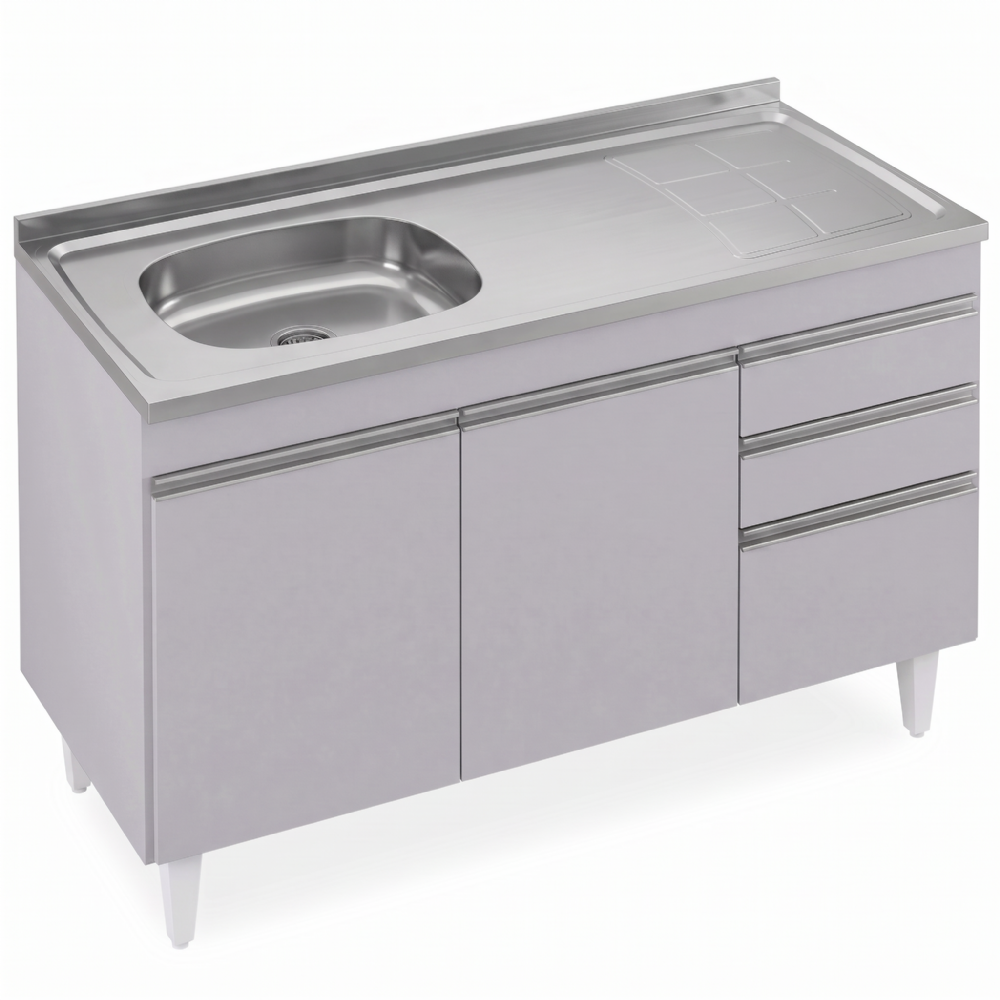 Balcão de Cozinha Com Pia Inox Deslocada 120cm Ávila Cinza Claro L03 - Mpozenato