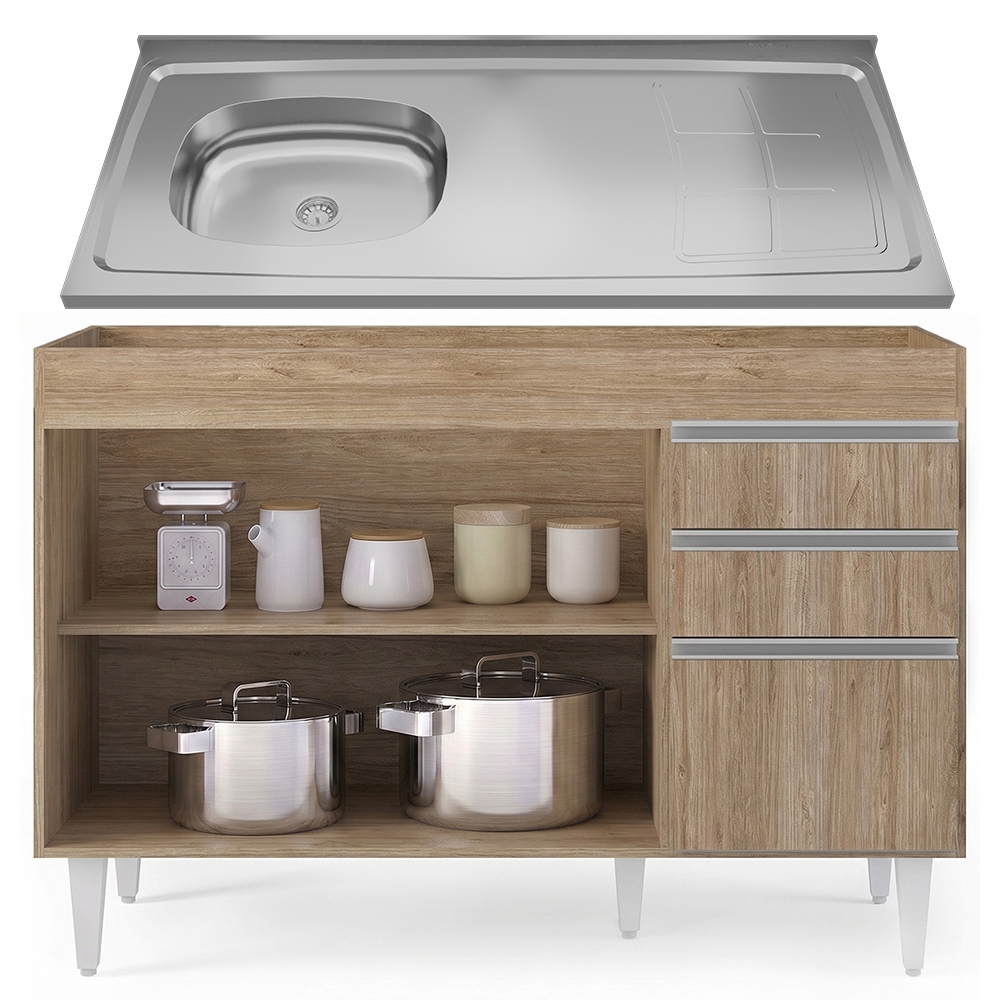 Balcão de Cozinha Com Pia Inox Deslocada 120cm Ávila Castanho L03 - Mpozenato