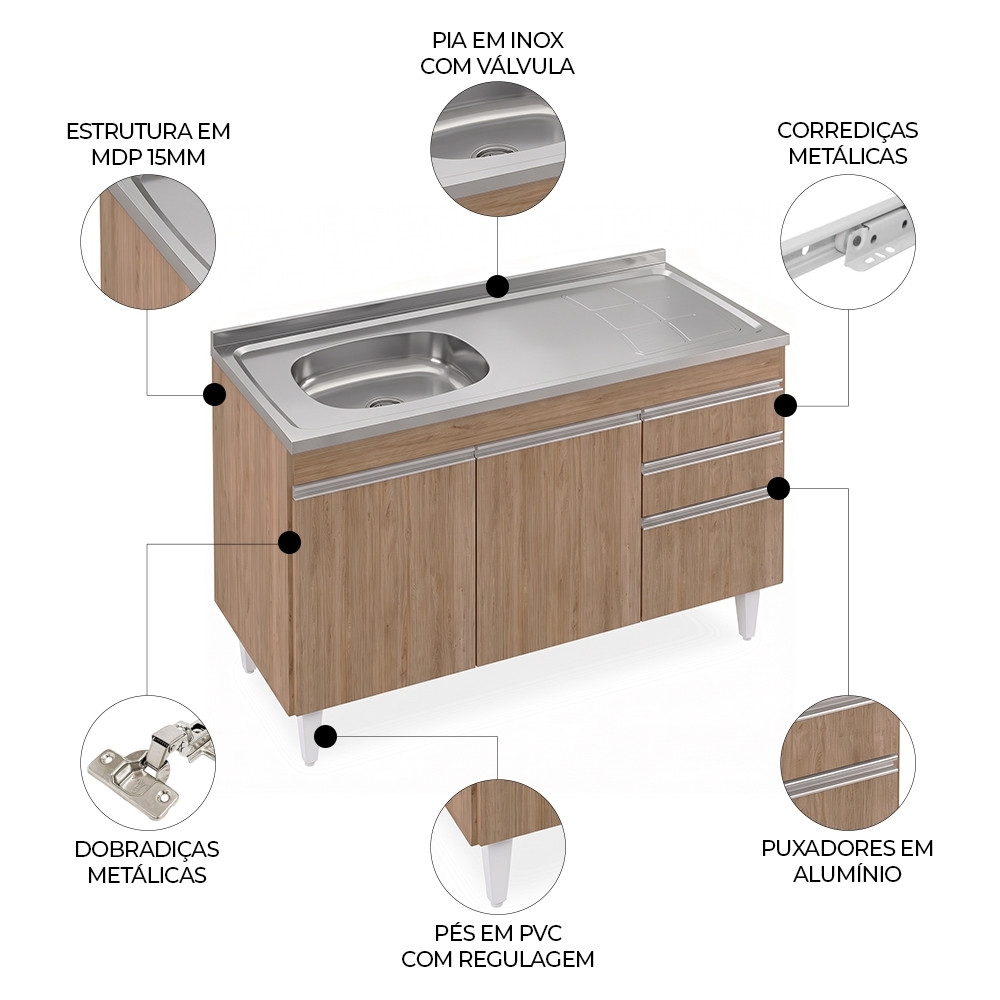 Balcão de Cozinha Com Pia Inox Deslocada 120cm Ávila Castanho L03 - Mpozenato