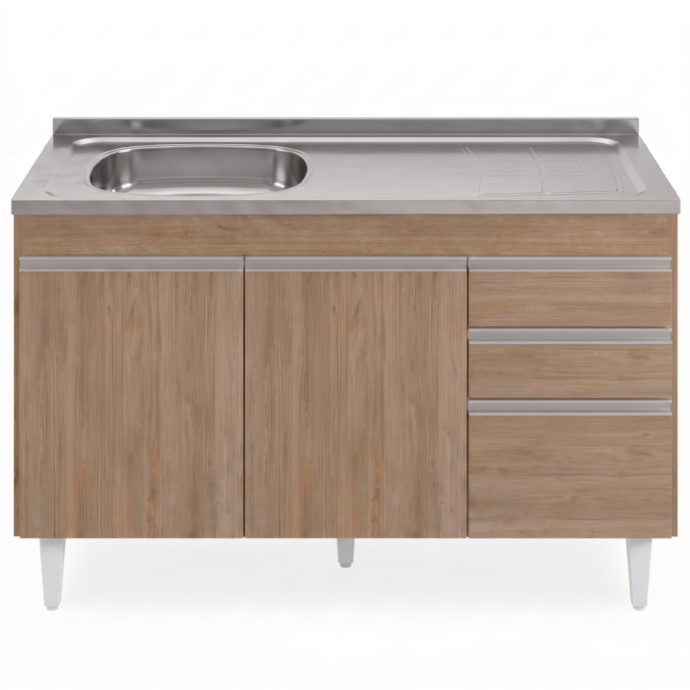 Balcão de Cozinha Com Pia Inox Deslocada 120cm Ávila Castanho L03 - Mpozenato
