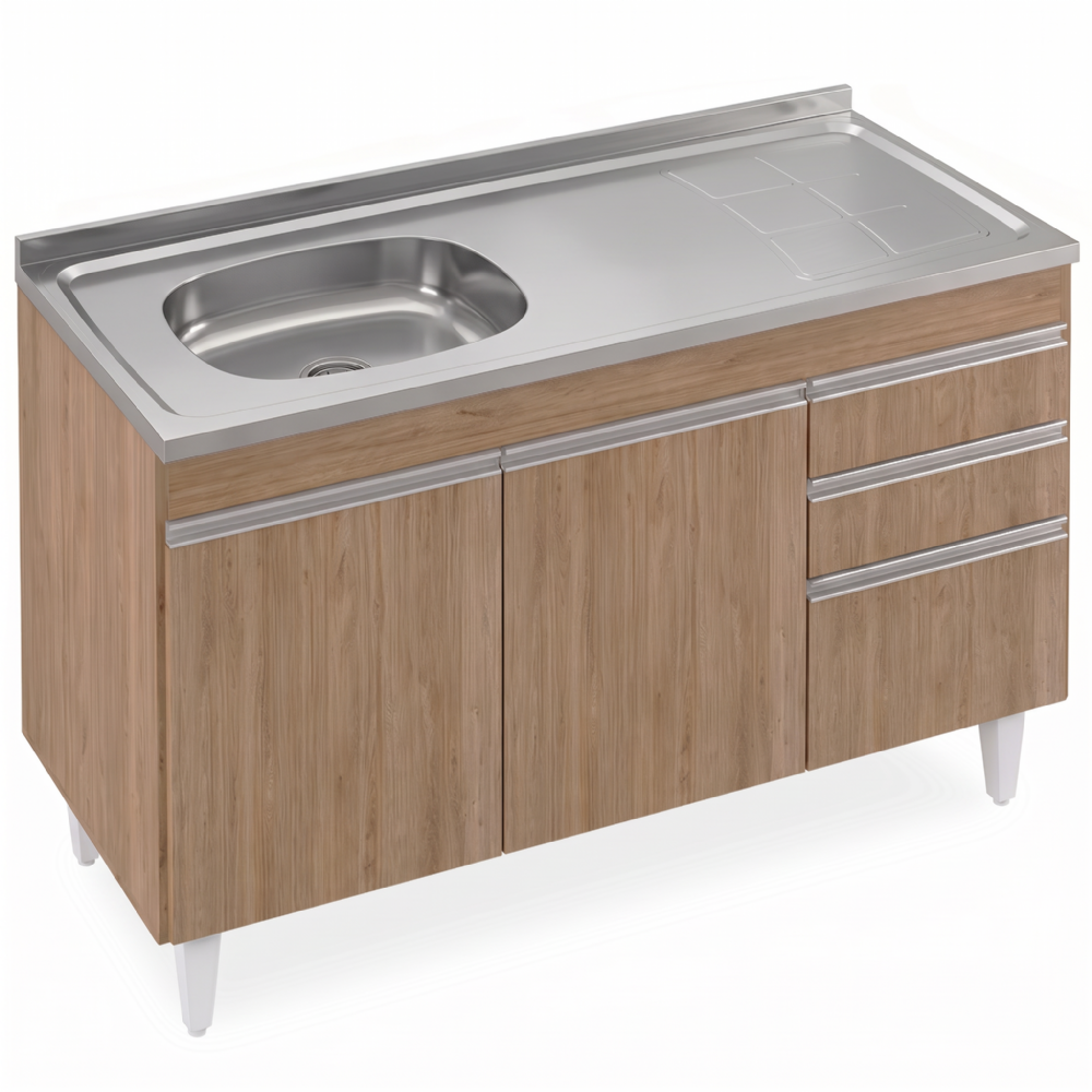 Balcão de Cozinha Com Pia Inox Deslocada 120cm Ávila Castanho L03 - Mpozenato