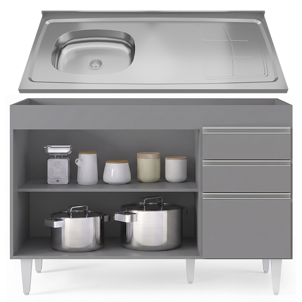 Balcão Cozinha Com Pia Inox Deslocada 120cm Ávila Cinza Sagrado L03 - Mpozenato