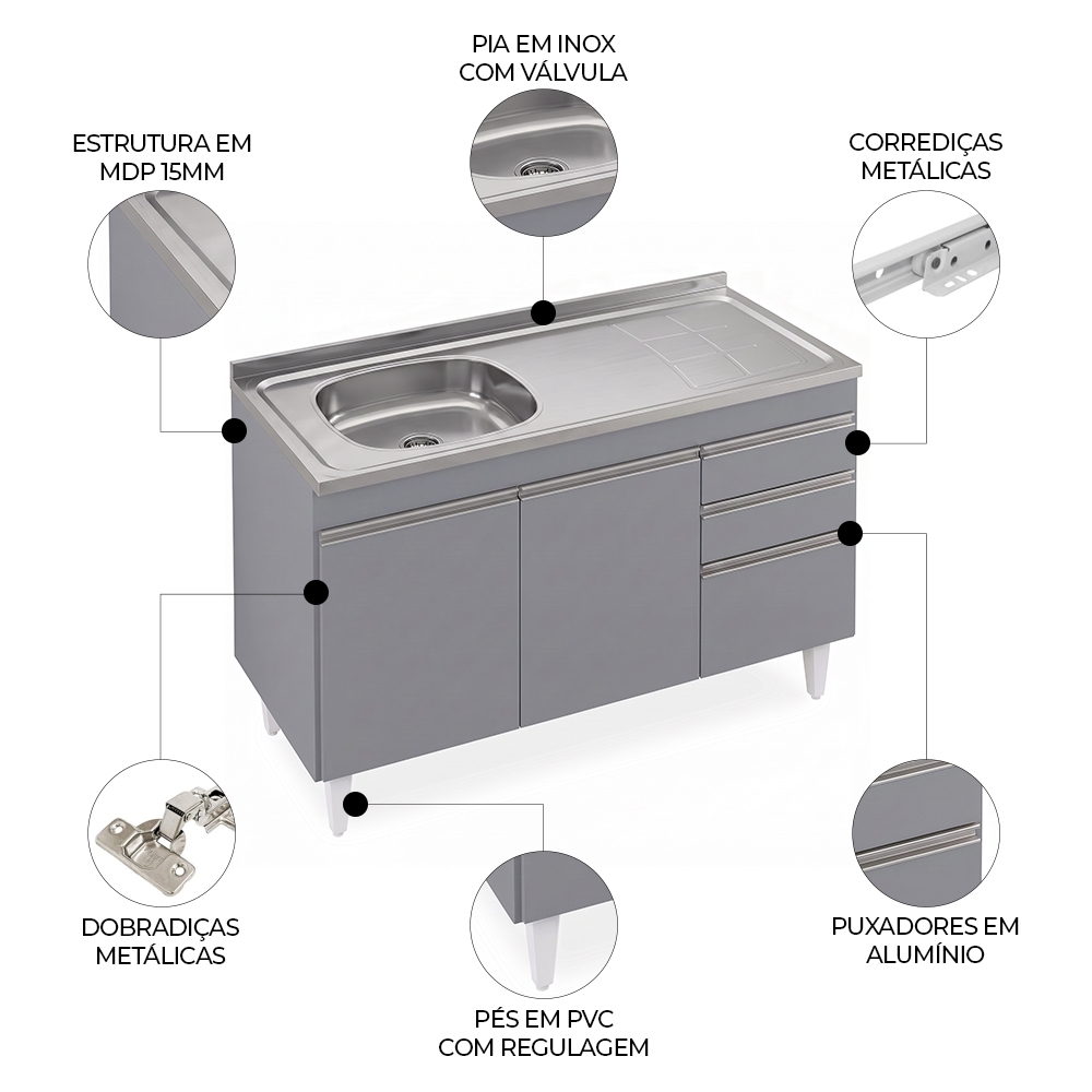 Balcão Cozinha Com Pia Inox Deslocada 120cm Ávila Cinza Sagrado L03 - Mpozenato