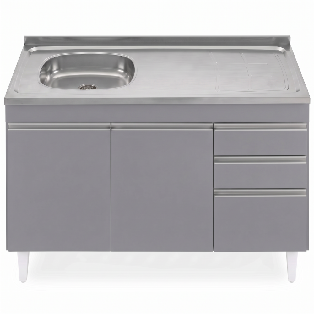 Balcão Cozinha Com Pia Inox Deslocada 120cm Ávila Cinza Sagrado L03 - Mpozenato