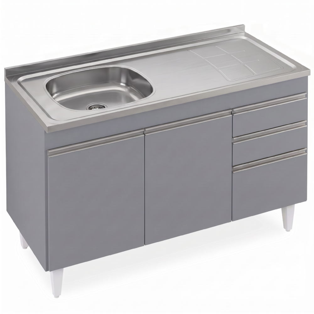 Balcão Cozinha Com Pia Inox Deslocada 120cm Ávila Cinza Sagrado L03 - Mpozenato