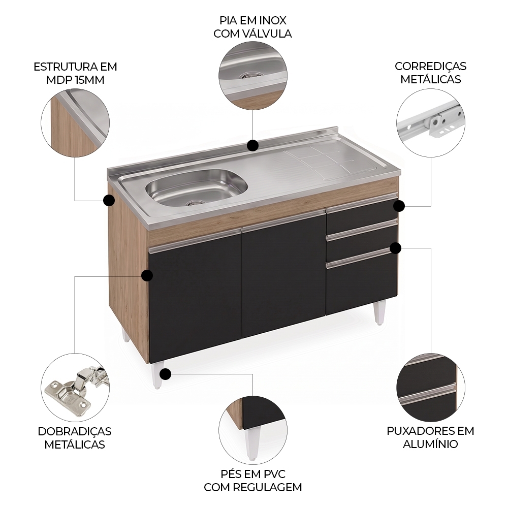 Balcão Cozinha Com Pia Inox Deslocada 120cm Ávila Castanho/Preto L03 - Mpozenato