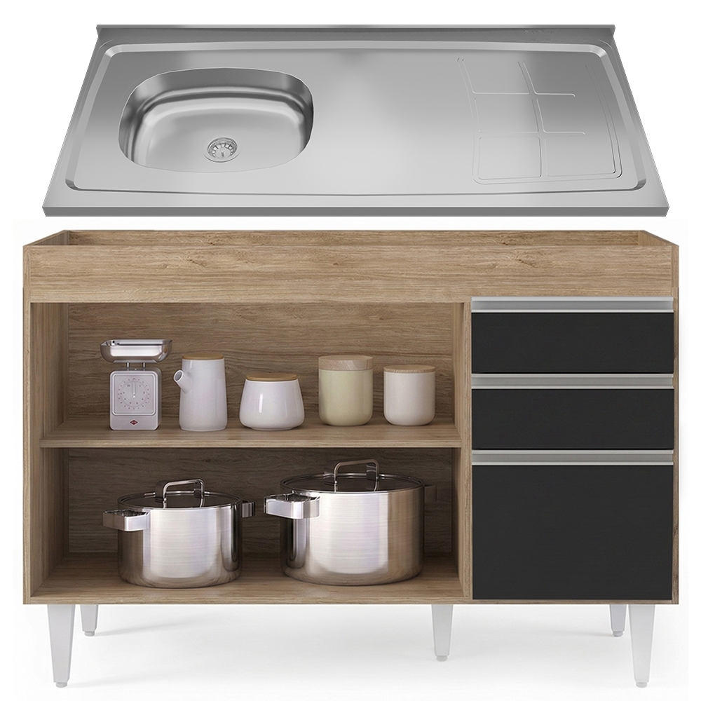 Balcão Cozinha Com Pia Inox Deslocada 120cm Ávila Castanho/Preto L03 - Mpozenato
