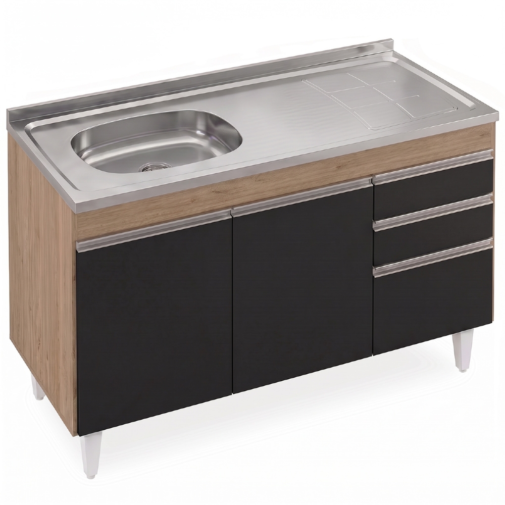 Balcão Cozinha Com Pia Inox Deslocada 120cm Ávila Castanho/Preto L03 - Mpozenato
