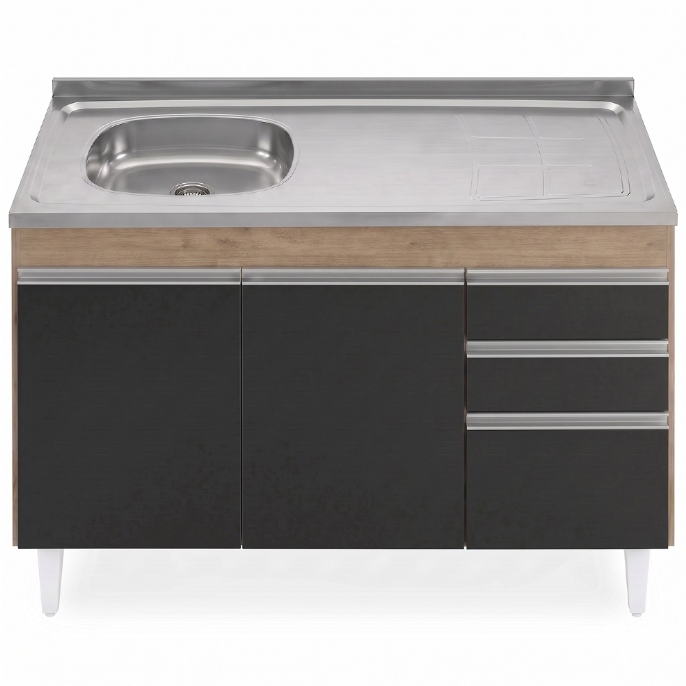 Balcão Cozinha Com Pia Inox Deslocada 120cm Ávila Castanho/Preto L03 - Mpozenato