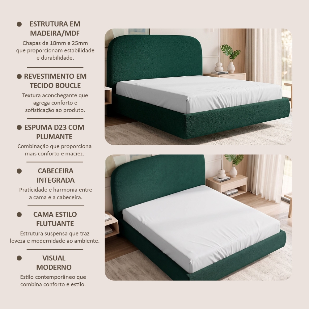 Cama Casal Flutuante Com Cabeceira 140cm Float Boucle Verde - Mpozenato