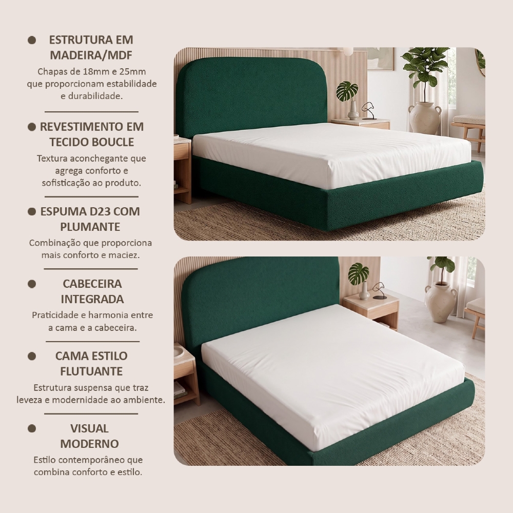 Cama Queen Flutuante Com Cabeceira 160cm Float Boucle Verde - Mpozenato