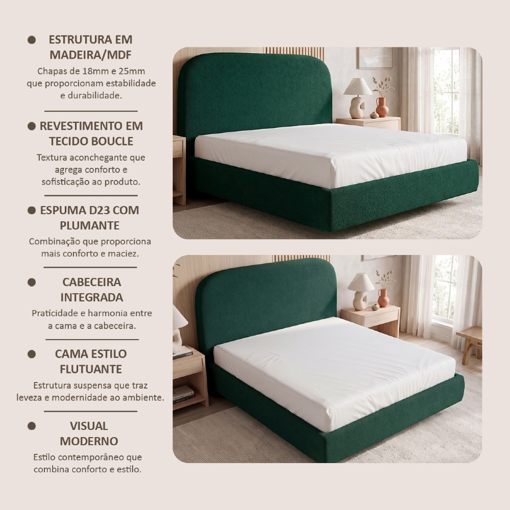 Cama King Flutuante Com Cabeceira 195cm Float Boucle Verde - Mpozenato