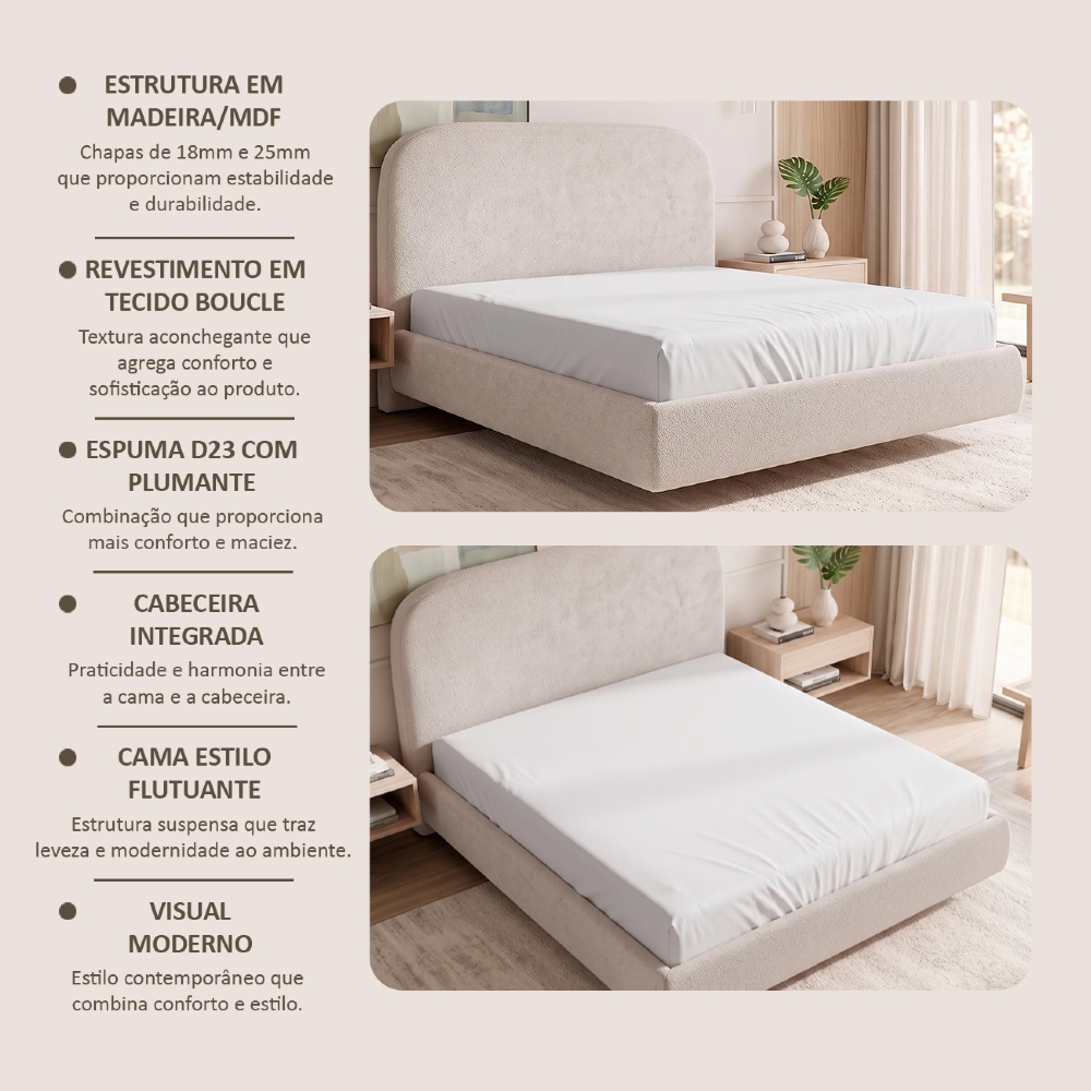 Cama Casal Flutuante Com Cabeceira 140cm Float Boucle Creme - Mpozenato