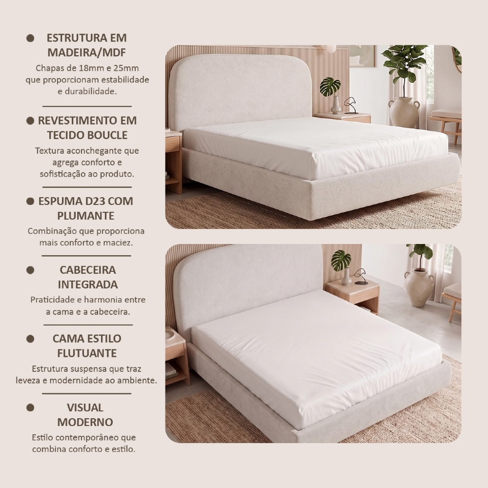 Cama Queen Flutuante Com Cabeceira 160cm Float Boucle Creme - Mpozenato