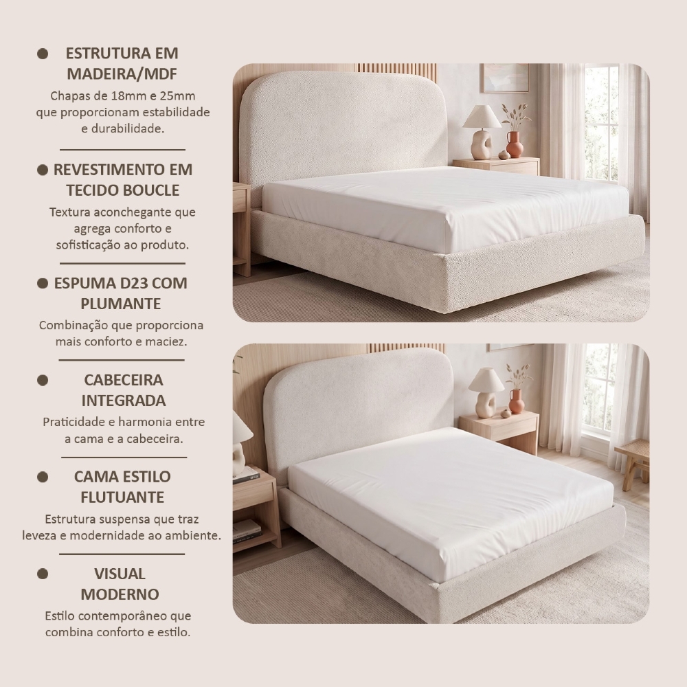 Cama King Flutuante Com Cabeceira 195cm Float Boucle Creme - Mpozenato