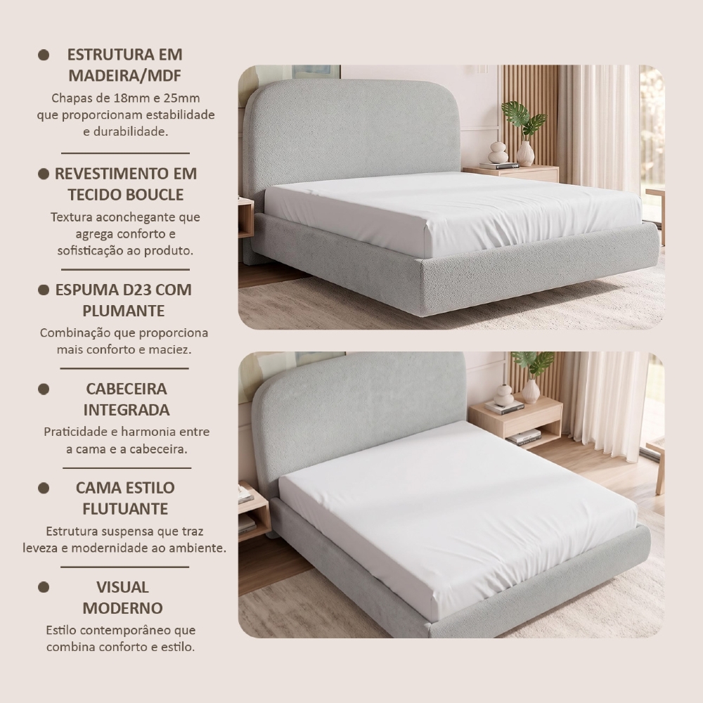 Cama Casal Flutuante Com Cabeceira 140cm Float Boucle Cinza - Mpozenato