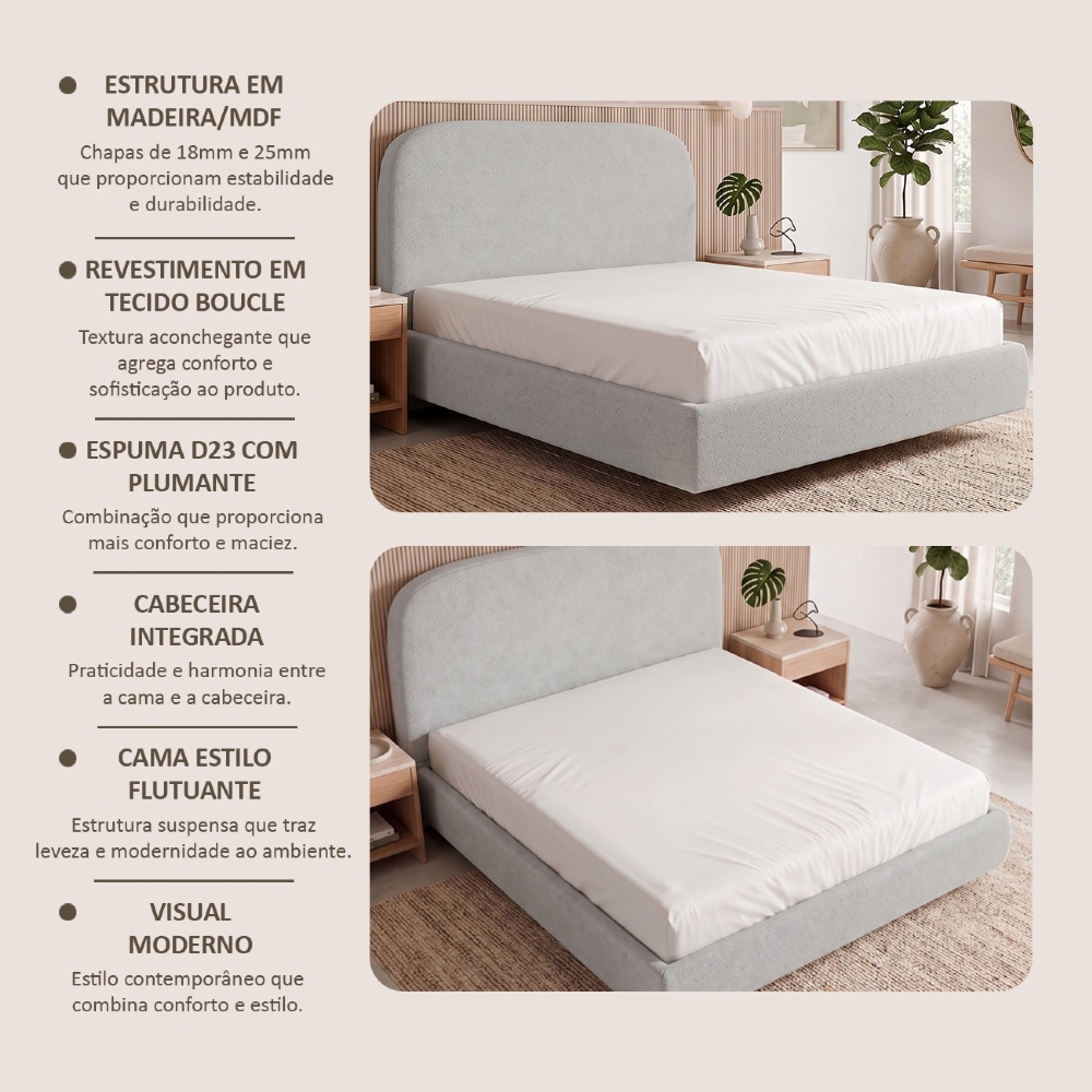Cama Queen Flutuante Com Cabeceira 160cm Float Boucle Cinza - Mpozenato