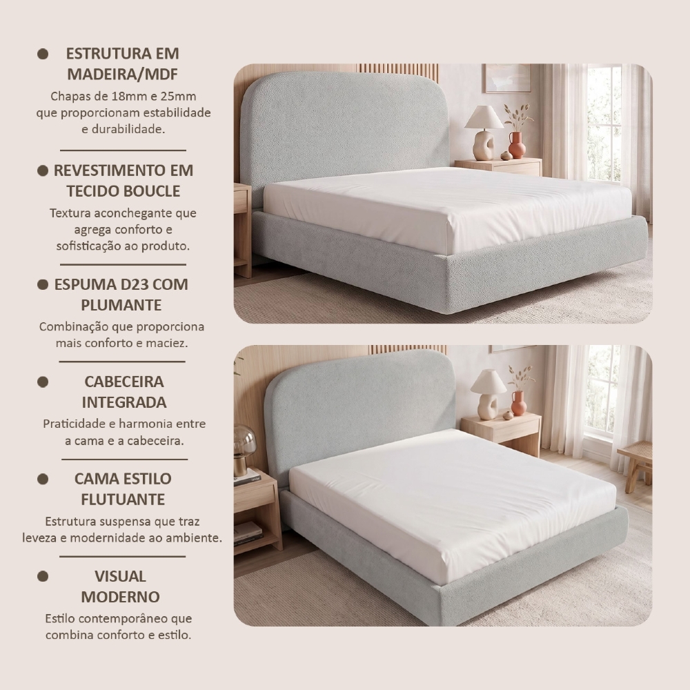 Cama King Flutuante Com Cabeceira 195cm Float Boucle Cinza - Mpozenato