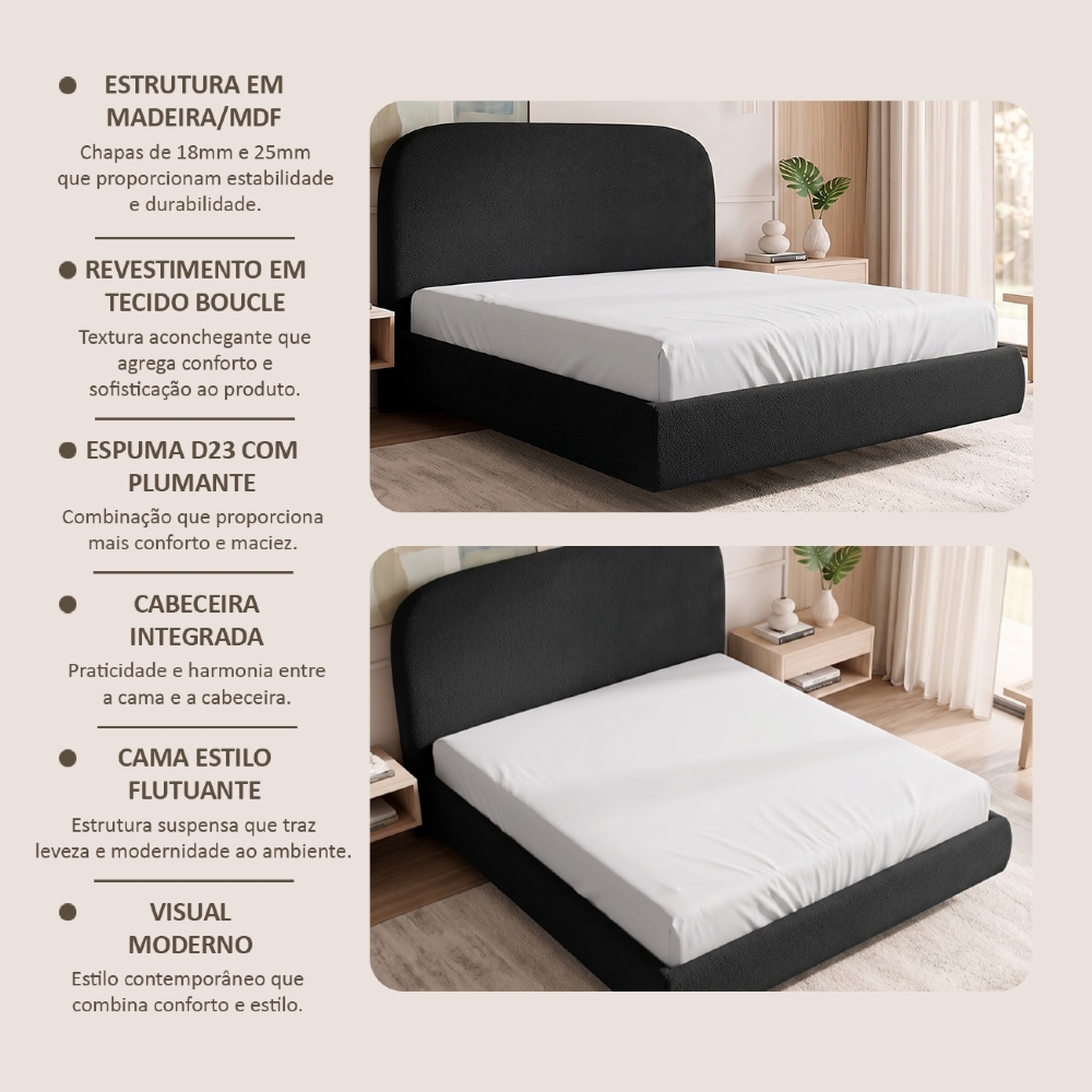 Cama Casal Flutuante Com Cabeceira 140cm Float Boucle Preto - Mpozenato