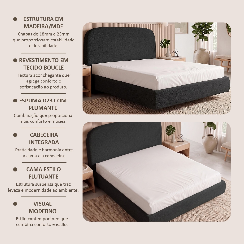Cama Queen Flutuante Com Cabeceira 160cm Float Boucle Preto - Mpozenato