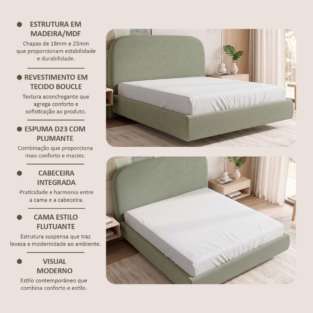 Cama Casal Flutuante Com Cabeceira 140cm Float Boucle Oliva - Mpozenato