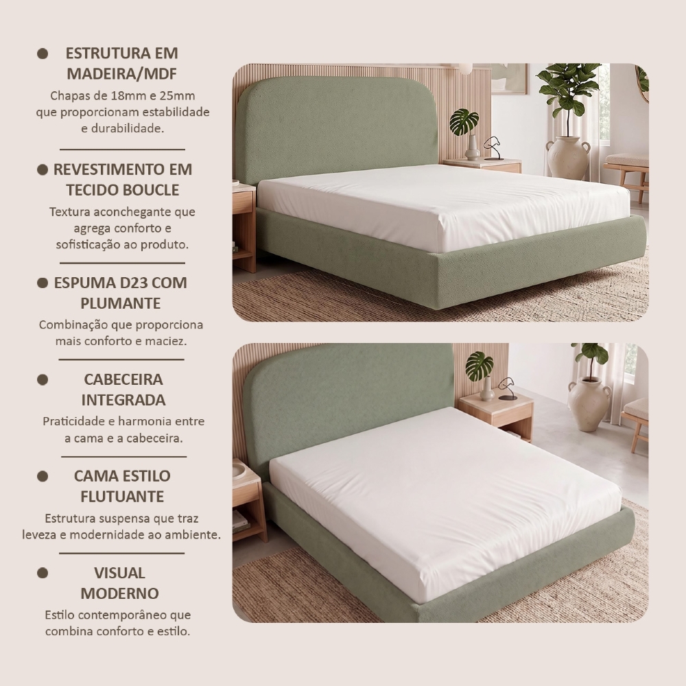 Cama Queen Flutuante Com Cabeceira 160cm Float Boucle Oliva - Mpozenato