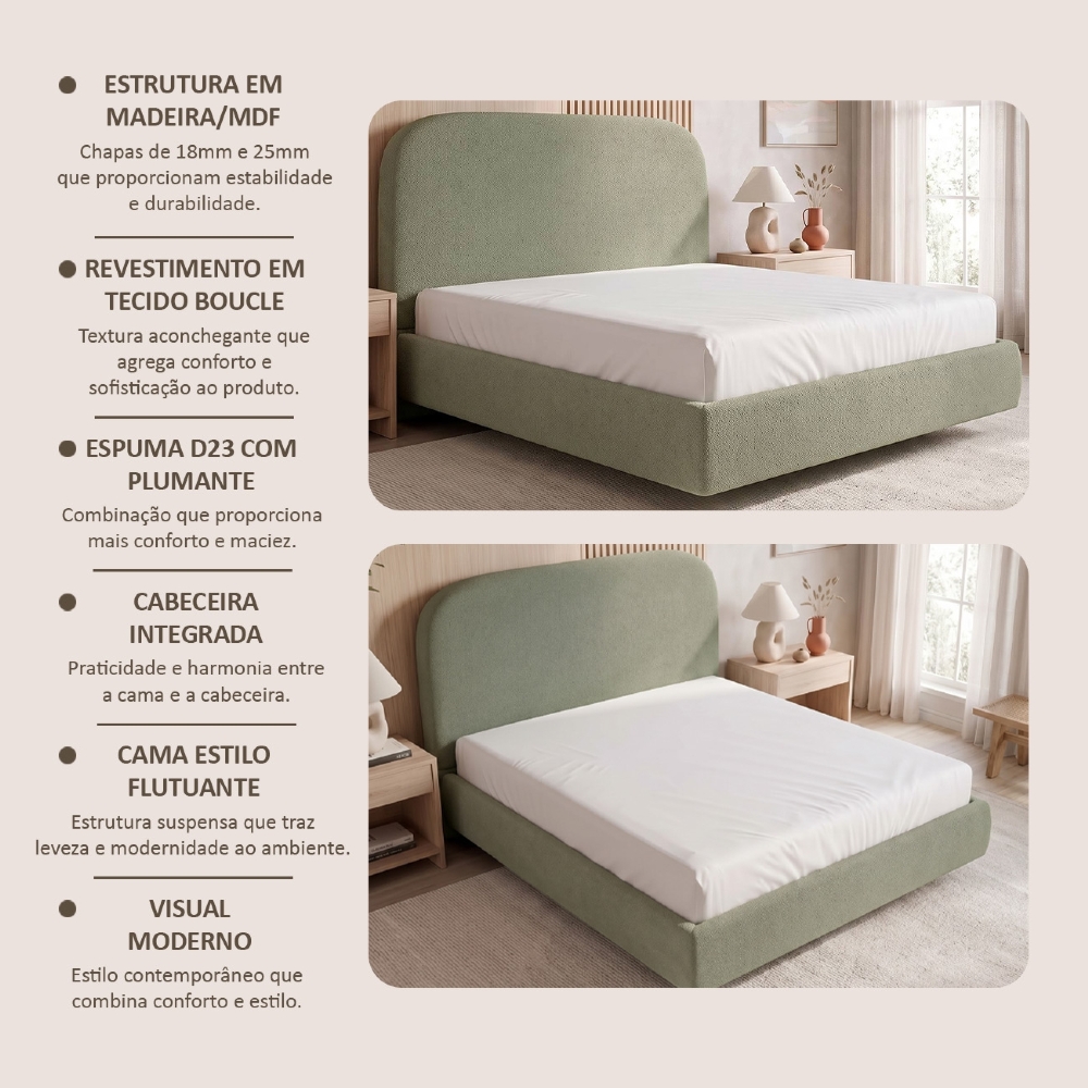 Cama King Flutuante Com Cabeceira 195cm Float Boucle Oliva - Mpozenato