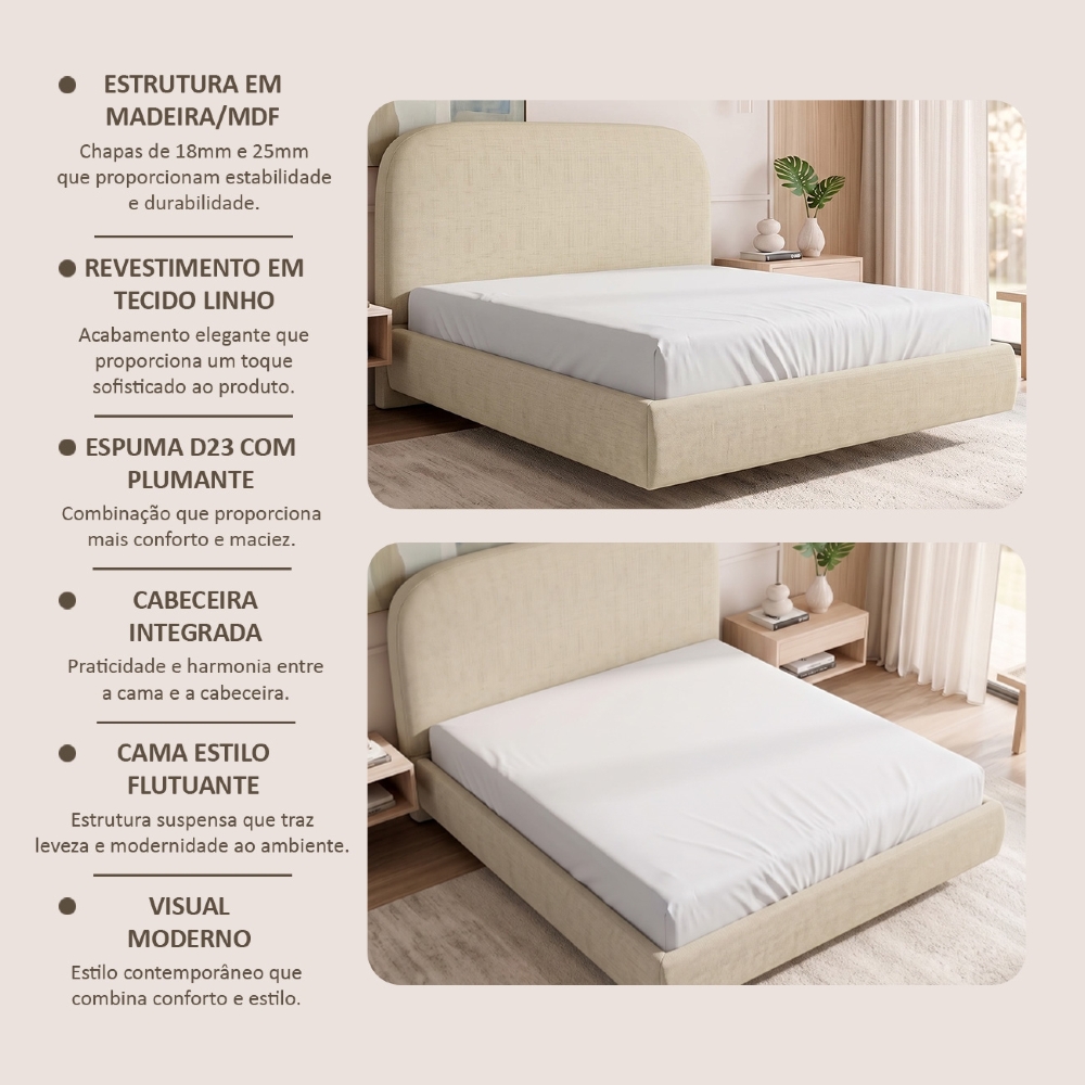 Cama Casal Flutuante Com Cabeceira 140cm Float Linho Bege - Mpozenato