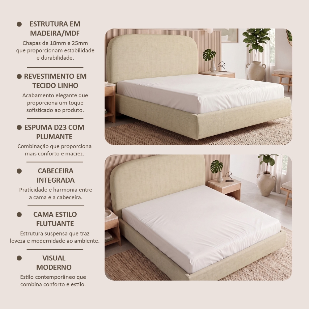 Cama Queen Flutuante Com Cabeceira 160cm Float Linho Bege - Mpozenato