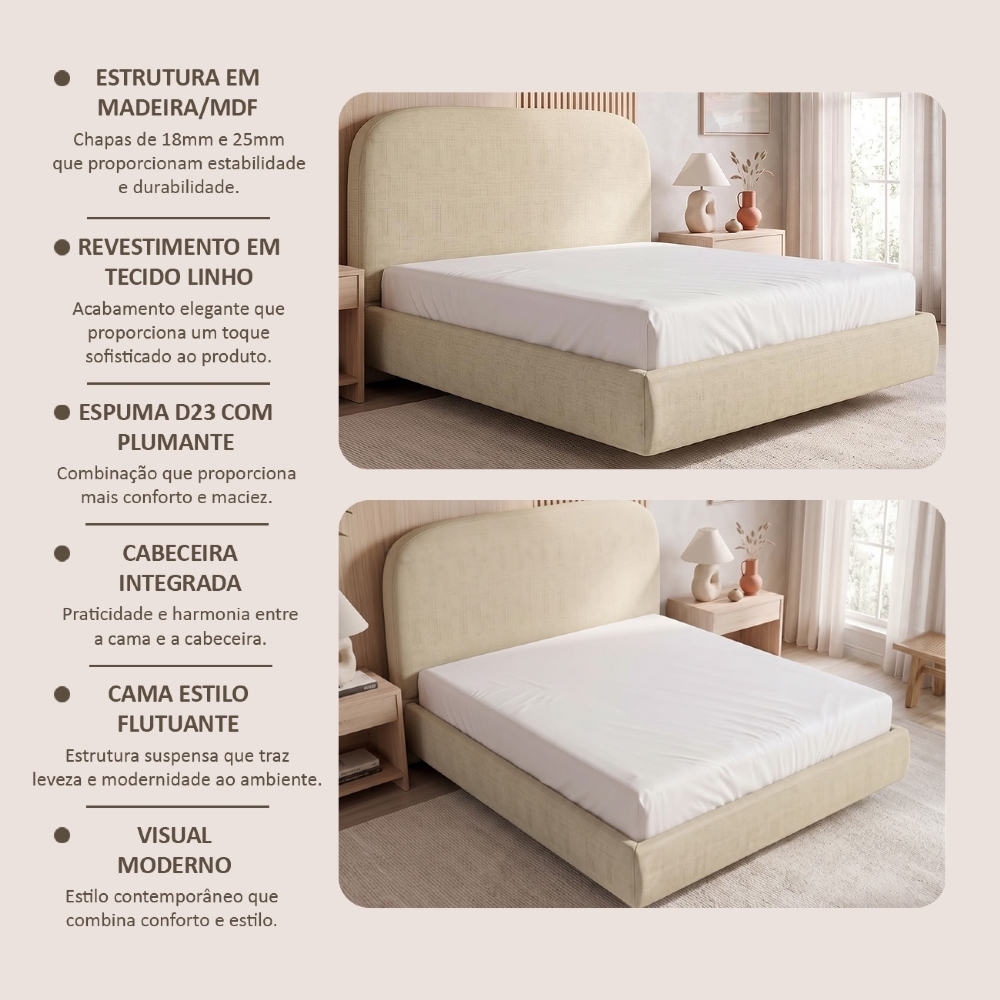 Cama King Flutuante Com Cabeceira 195cm Float Linho Bege - Mpozenato